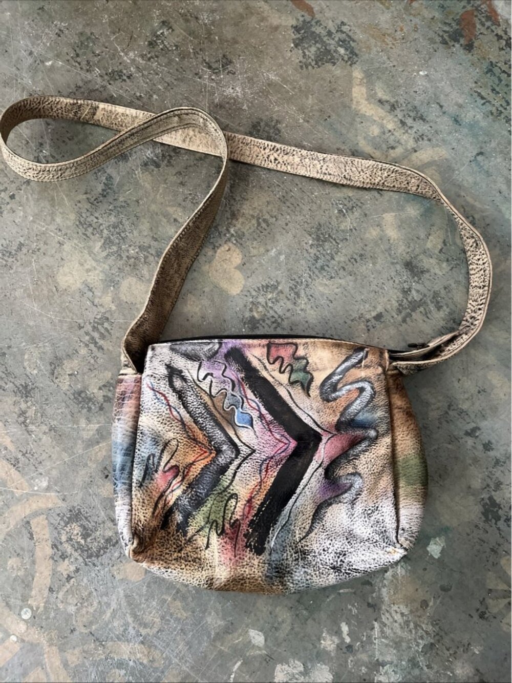 VTG Hand Painted Leather Shoulder Bag Multicolor Abstract Art To Wear India